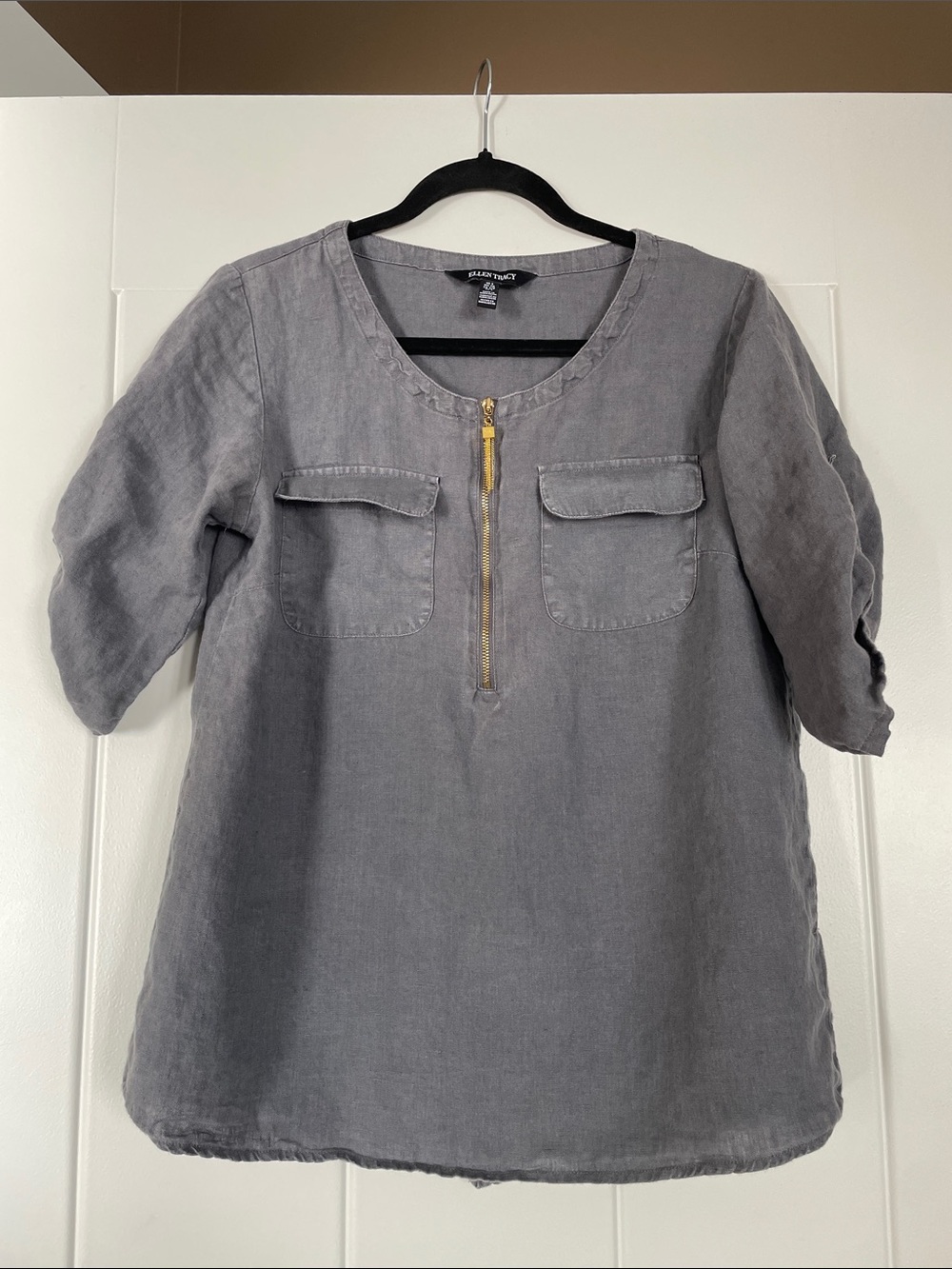 Ellen Tracy Gray Linen Blend Pullover Top with Gold Zip